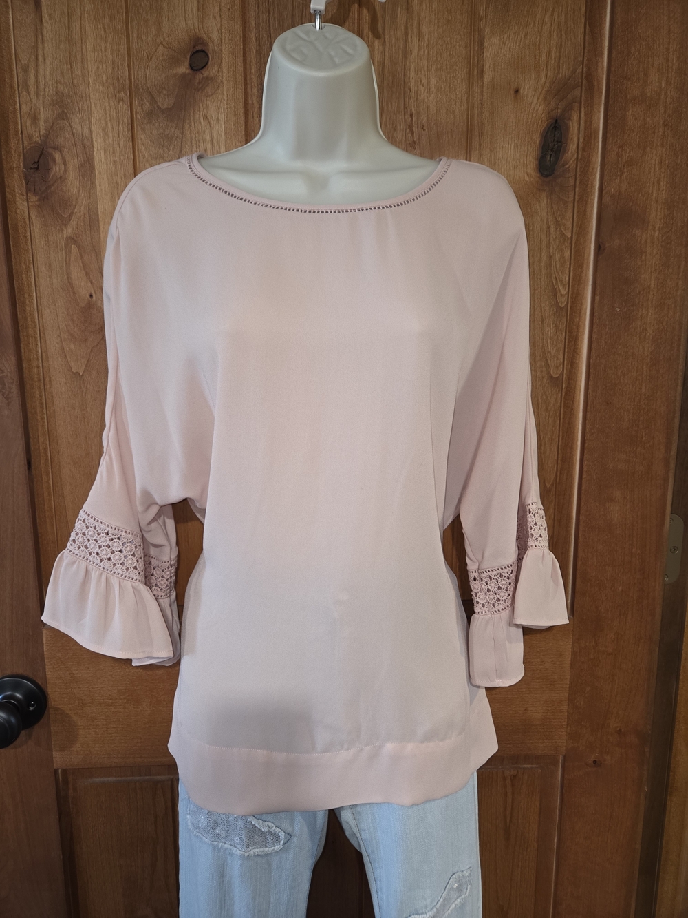 DR2 Soft Blush Lace-Trim‎ Bell Sleeve Blouse